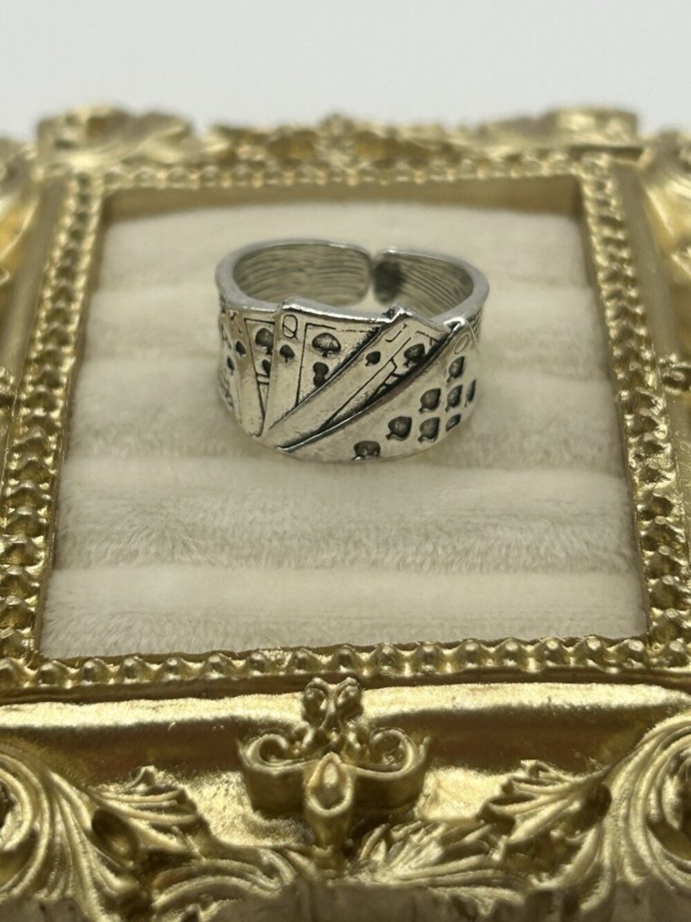 Vintage Silver Tone Playing Cards Ring Design Size 6.5 Adjustable Band Poker